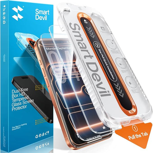 SMARTDEVIL 2 Pack Screen Protector for iPhone 17 Pro Max, 9H Hardness Military Grade Shatterproof HD Tempered Glass, Easy to Install, Bubble-Free and-Dust-Free Box