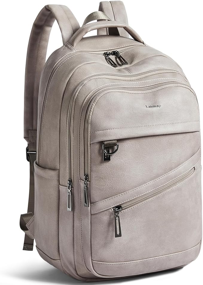 43L Backpack for Women Men - Vegan Leather Backpack Purse Travel Carry-on Bag College Bookbag Work fits 17" Laptop,Ash Gray Retro
