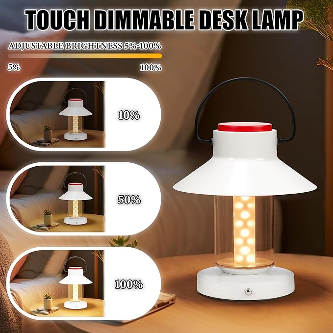 Metal Cordless Table Lamp, Portable LED Rechargeable Lamp, Touch Dimming Battery Powered Small Night Light for Outdoor/Indoor Bedroom, Bar, Coffee Shop, Restaurant, Camping Light - White
