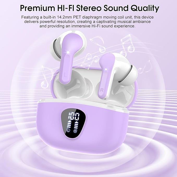 Wireless Earbuds, Bluetooth 5.4 Headphones HiFi Stereo, Bluetooth Earbuds with ENC Noise Cancelling Mic,IP7 Waterproof in Ear Earphones, 48H, LED Display Ear buds for Pad Phones Workout Sports, Purple