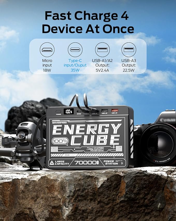 MOVE SPEED 70000mAh Power Bank, 35W PD 3.0 Fast Charging Portable Charger, 4 Outputs 2 Inputs High Capacity USB C Battery Pack with LED Display for Phone Tablet Outdoor Camping Office