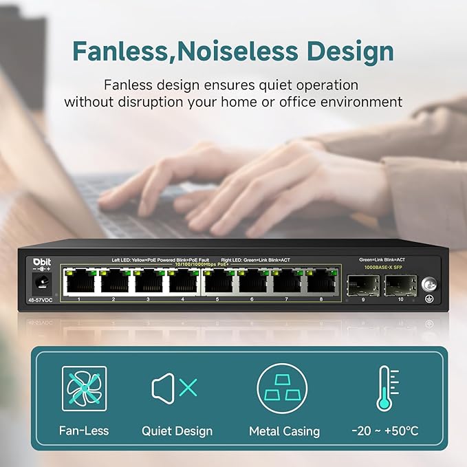 DBIT 10-Port Gigabit Network Switch with 8 PoE+ Ports @125W with 2 Combo SFP Slots, Unmanaged PoE Switch, 802.3af/at Compliant, Desktop/Wall-Mount, Plug & Play, VLAN Mode, Metal Case Fanless (WS2082A)