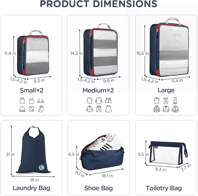 Cipway Compression Packing Cubes Mesh, Lightweight Luggage Organizer Bags with Laundry Bag,Toiletries Bag and Shoe Bag, Travel Essentials for Carry on Suitcase（8Pcs,Blue）