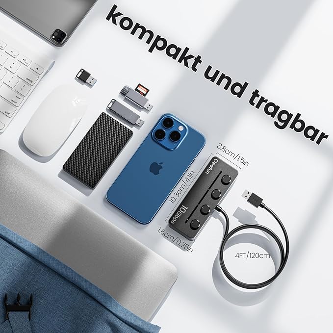 Qeefun 4-Port USB 3.2 Hub with 2 USB-C and 2 USB-A Ports, Individual LED Power Switches,10Gbps Data Transfer USB Splitter with 4ft Extension Cable, Multiple USB Extender for Laptop, PC, iMac etc