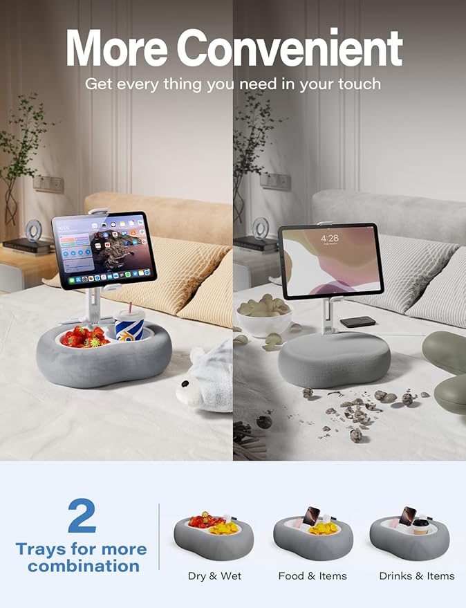 Tablet Kindle Pillow Stand Holder with 2 Trays Fit 4''-13'' Phone/Tablet/Kindle iPad Holder Stand for Bed with Soft Plus Fabric Reading Accessories Gift for Reading, Gray