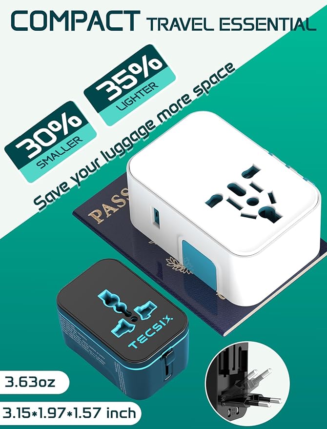 Universal Travel Adapter Worldwide, TECSIX European Travel Plug Adapter with 2 USB C, 2 USB A and Multi AC Outlets, International Power Converter for EU US UK AUS 200+ Countries Type A C G I