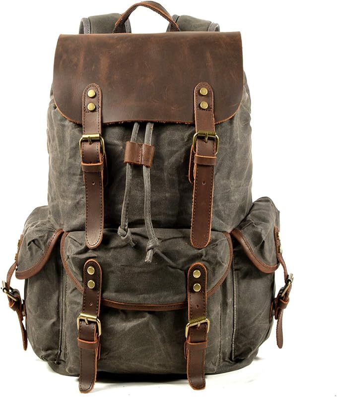 WUDON Leather Backpack for Men, Waxed Canvas Shoulder Rucksack Carry-On Travel Backpack