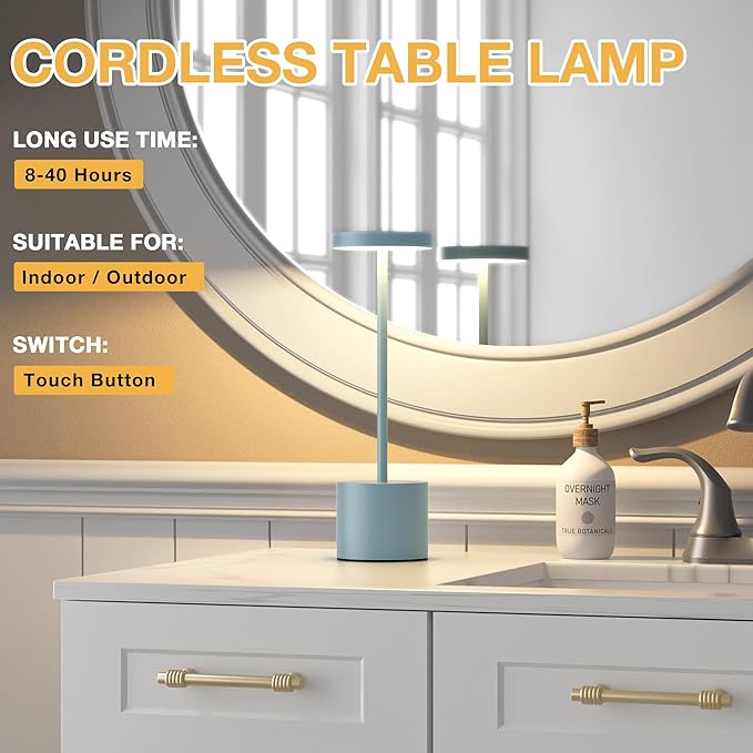 Kakanuo Blue Cordless Lamp, Rechargeable Lamp, Touch Control, 3 Color Temperature, LED Outdoor Wireless, Battery Operated Lamps, Stepless Dimmable, Set of 2