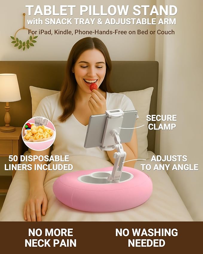 Kindle Pillow Stand for Bed, Adjustable Tablet & Phone Holder for iPad, Kindle, Couch – Snack & Drink Holders, 50 Disposable Liners & Washable Pillow Cover(Pink)
