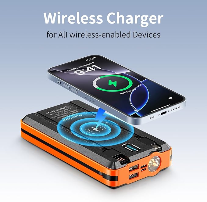 Portable Charger Solar Power Bank 52800mAh 5V/3A Fast Charging Battery Pack with Built in 4 Cables 2 Outputs & LED Flashlight for Cell Phone Camping and Hiking