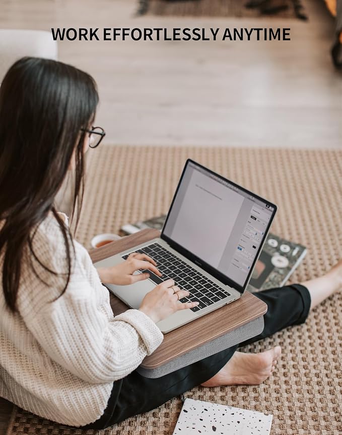 Lap Desk with Pillow Cushion, Portable Laptop Bed Desk, Fits up to 15.6 inch Laptop, Lap Stand for Bed & Couch & Carpet, Book Tablet/Drawing Board - Dark Brown Wood