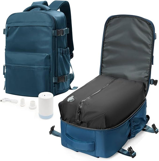 Vacuum Travel Backpack with Pump for Women,Personal Item Carry on Backpacks Flight Approved 18x14x8 inches for Men,Laptop Waterproof Work Compression bags Casual Daypack Blue.