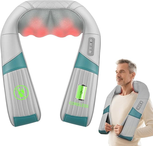Cordless Neck Massager with Heat, Rechargeable Shiatsu Neck Back Massager for Pain Relief Deep Tissue, 4D Knead Shoulder Massager Pillow, with Portable Carry Bag, Gifts/Presents for Mom, Dad
