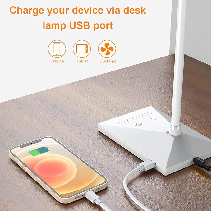 Vansuny LED Desk Lamp with USB Charging Port, Eye-Caring, 5 Color Modes,6 Brightness Levels, Touch Control, Flexible Gooseneck, Memory Function for Dorm Office Work Bedroom (12W,White)