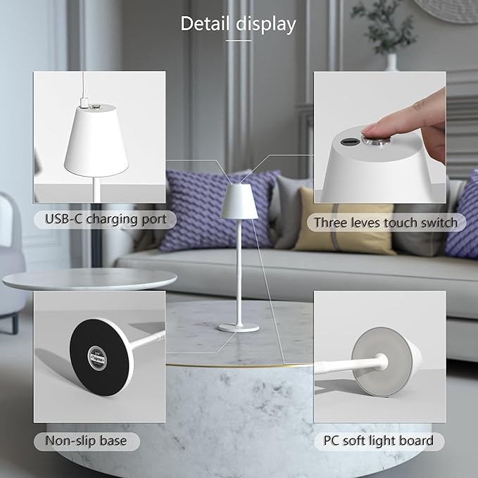 2 Pack LED CordlessTable Lamp,4000mAh Rechargeable Battery Desk lamp,3 Level Brightness Portable Light, Minimalist Design, for Couple Dinner/Coffee Table/Restaurant/Bedroom(White 2pack)