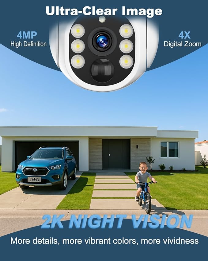 4G LTE Cellular Security Camera Wireless Outdoor, No WiFi Solar Powered Camera for Farms, Ranches, Estates Surveillance, 2K Color Night Vision, 360°PTZ, 2-Way Audio, PIR Motion Sensor