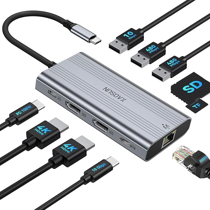 XAOSUN 10 in 1 USB C Docking Station Dual 4K Monitor, 10Gbps USB C HUB with 2 HDMI 4K@60Hz, USBC Dock with 10Gbps USB A and C, Gigabit Ethernet, PD 100W, SD/TF (microSD) for Lenovo/Mac/Dell/HP/XPS