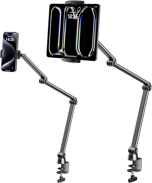 LULULOOK iPad Stand for Desk, Aluminum Alloy Arm Mount, Adjustable Holder Stand for iPad Pro 12.9/iPad mini Air, Samsung Galaxy, iPhone, Kindle, Portable Monitor Tablet 4.7"-13"(2 Clips)