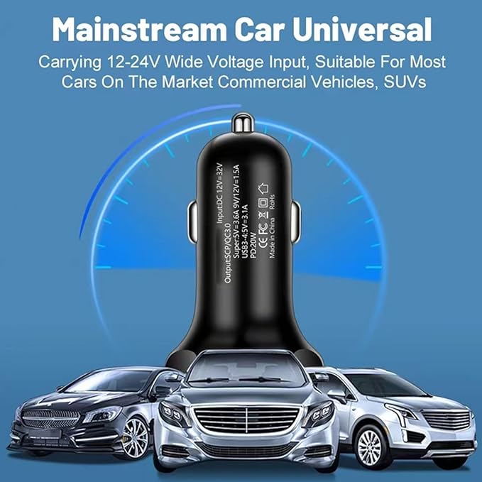 Super Fast Charge USB C Car Phone Charger Adapter 6 in 1 with Voltage Display 250W Multi Port Cigarette Lighter USB Charge for iPhone 16 15 14 13 12 11 Samsung Galaxy Huawei Oneplus Oppo Vivo