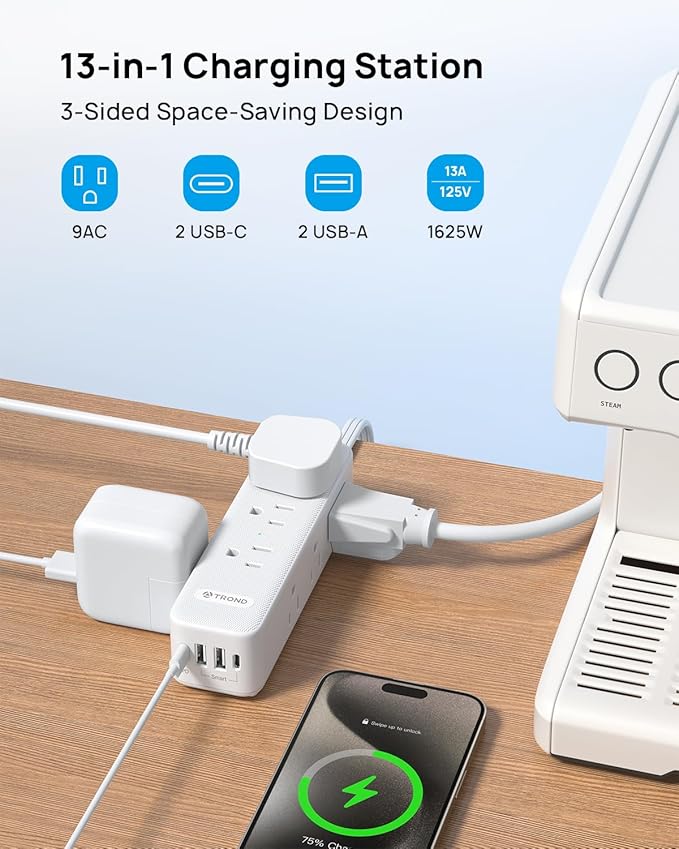 TROND Surge Protector Power Strip: 9 Widely Spaced AC Outlets with 20W USB C Charger Power Strip, 10ft Flat Plug Extension Cord, Wall Mount, Desk Charging Station, Office Hotel Dorm Essentials, White