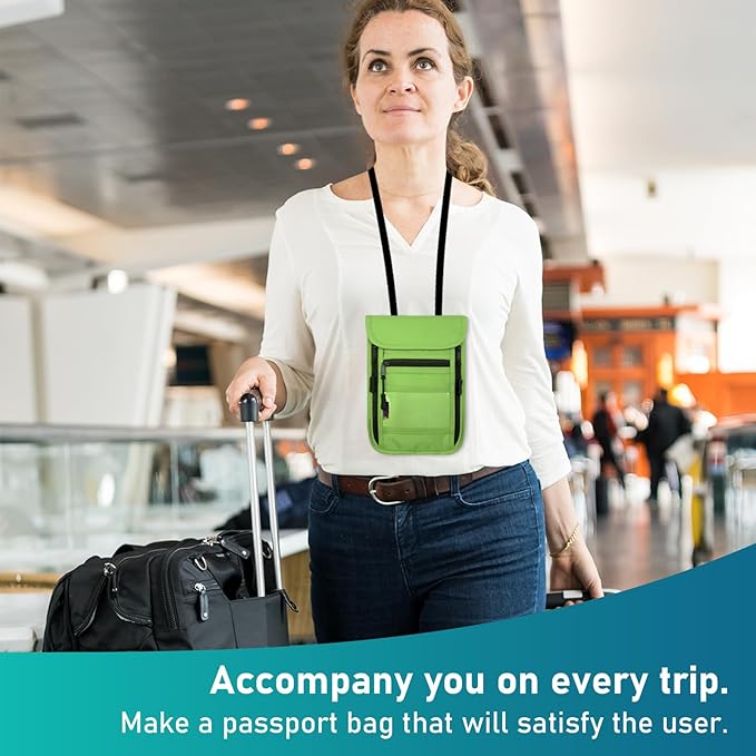 sundee Travel Neck Wallet with Double Zippers, RFID Blocking Passport Holder with Adjustable Neck Strap for Men and Women to Keep Cash, Credit Cards and Travel Documents Safe - Grass Green