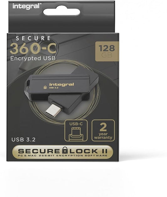 Integral Secure 360-C 128GB Software Encrypted USB Flash Drive - USB-C Connector - 256-bit AES encryption - Compatible with Mac, MacBook, PC, Laptop