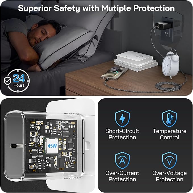 45W Super Fast Charger USB C, 45 Watt Type-C Android Phone Charger Fast Charging Block with 10FT Type C Cords for Samsung Galaxy S25 Ultra/S24 Ultra/S24+/S23 Ultra/S23+/S22 Plus/S20, Tab S9/S8 Ultra