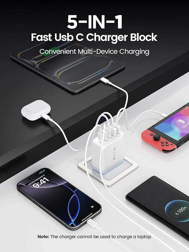 USB C Charger Block,EIZLXQ [2-Pack] Type C Charger Fast Charging,50W 5-Port USB Wall Chargers Multiport Type C Charging Cube for iPhone 17/16/15/14/13/12/11 Pro Max XS,iPad,Samsung&More-3C2A-White