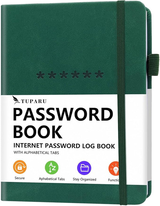 Password Book with Alphabetical Tabs – Hardcover Internet Address & Password Organizer – Password Keeper Notebook for Computer & Website – 7 x 10" Log-in Password Journal w/Thick Paper (Earth Green)