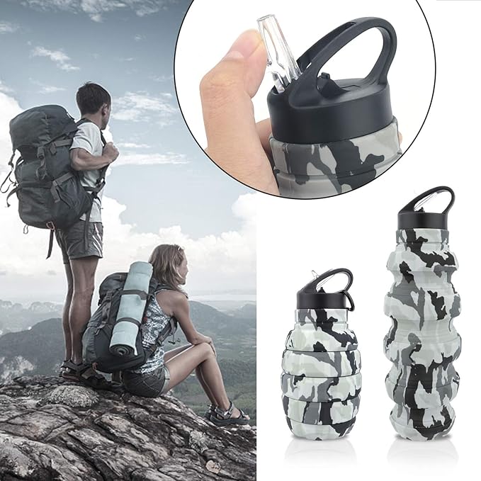 QiCheng&LYS Collapsible Water Bottle – Reuseable BPA Free Silicone Travel Water Bottle Collapsible Very Suitable for Sport Hiking, Camping and Outdoortravel -19.5oz/580ML（Camouflage light grey）