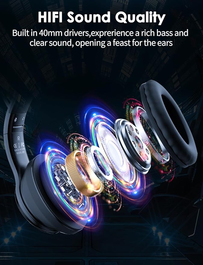 Cat Ear Bluetooth Headphones for Kids & Adults, 55H Play Time, Wireless Foldable & Wired Multi-Function LED Light Up Over Ear Headphones with Mic and Volume Control for iPhone/iPad/Laptop/PC