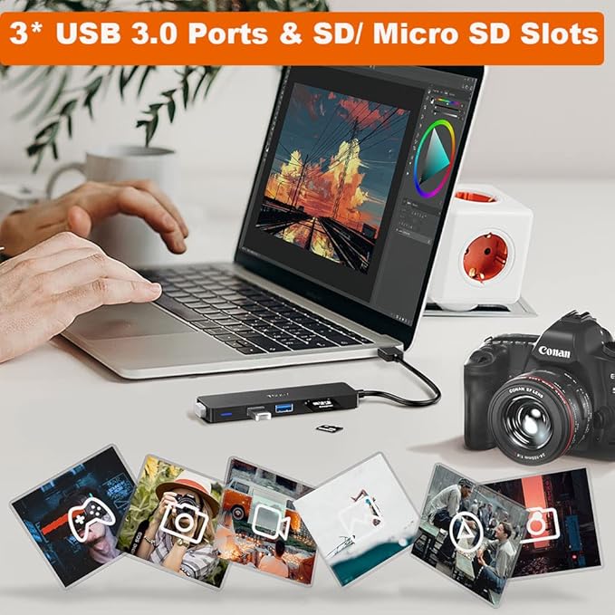 USB Hub 3.0, TSUPY 5 in 1 Multiport Adapter USB 3.0 Hub with SD Micro SD Card Reader, 3 USB 3.0 Ports Compatible for Laptop, MacBook, PC, Printer,Surface Pro, USB Flash Drives