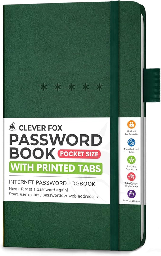 Clever Fox Password Book – Alphabetized Internet Address & Password Organizer - Computer & Website Password Keeper Notebook – Log-In Password Journal – Pocket, 6.2x3.5″, Hardcover (Dark Green)