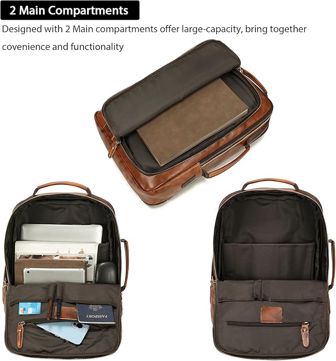 LANNSYNE Vegetable Tanned Leather Backpack for men, Expandable Leather Backpack Fits 15.6 Laptop, Tote Shoulder Travel Bag Rucksack