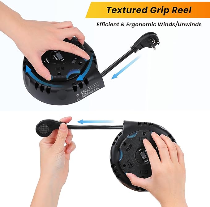 10ft Flat Plug Surge Protector Power Strip, Retractable Extension Cord with Multiple Outlets, 5 AC & 3 USB Charger(1 USB C Port), Desktop Charging Stations for Home/Office/Dorm Room