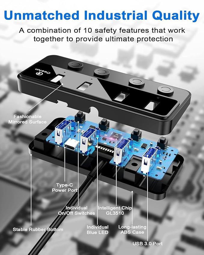 Qeefun 4-Port USB 3.0 Hub, Individual LED Power Switches, Multiport Splitter with 4ft Extension Cable, USB Extender for Laptop, PC, USB Flash Drives, iMac and More