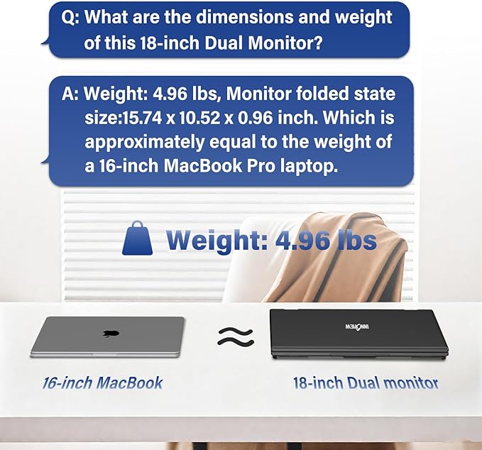 InnoView 18" 2K 100Hz Dual Portable Monitor 100% DCI-P3 Dual Monitor 315°Adjustable Screen Extender for Windows Mac Laptop with Speakers Type-C HDMI DP Foldable 2560x1600 Monitors (No Driver Needed)