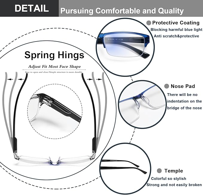 EYEURL 4-Pack Half Frame Blue Light Reading Glasses for Men Rectangle Semi Rimless Readers for Women Spring Hinge Eyeglasses