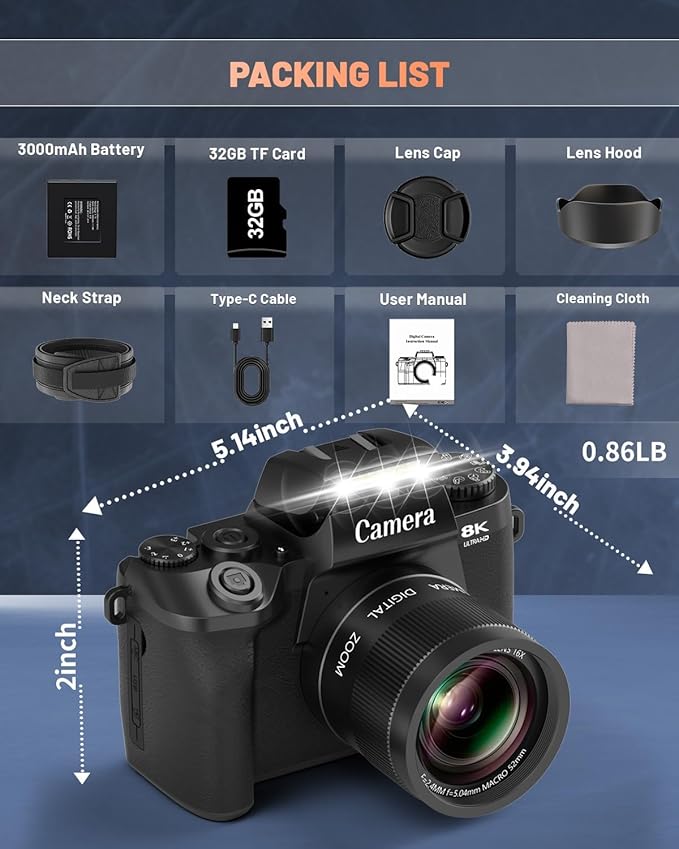 8K 64MP Digital Camera for Photography, Vlogging Camera with Autofocus, WiFi, 4Inch Touchscreen, 16X Digital Zoom, 3000mAh Battery, Dual-Lens, Lens Hood, 32GB TF Card and Flash,Black