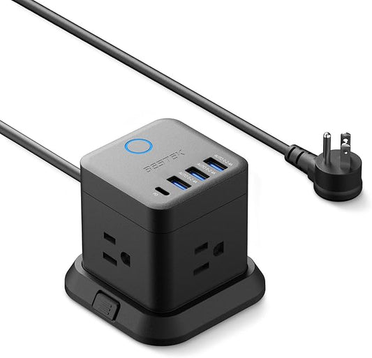 BESTEK Power Strip with USB, Vertical Cube Mountable Power Outlet Extender with 3 Outlets, 3 USB & 1 Type-C PD20W Ports, 5-Foot Extension Cord and Detachable Base for Easy Mounting (Black)