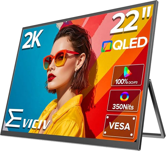 EVICIV 22” Portable Monitor QLED | 2K Portable Laptop Monitor | 180°Adjustable Kickstand & VESA | FreeSync, HDR | 350Nits | 100% DCI-P3 | Type C, HDMI |Large Gaming Second Screen for Laptop, Switch
