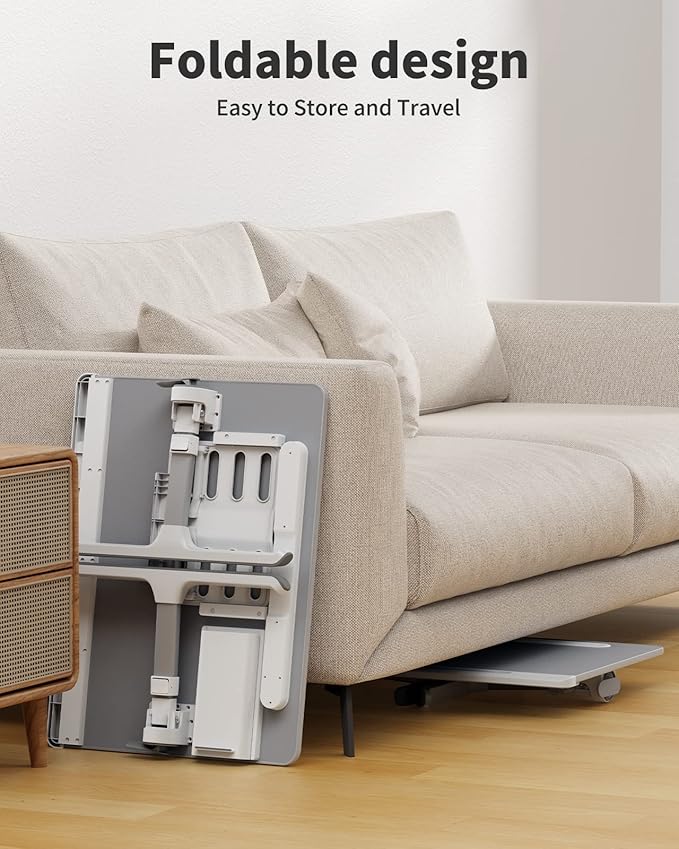 SAIJI Laptop Bed Tray Desk with LED Desk Light, Adjustable Laptop Stand for Bed, XX-Large PVC Leather Foldable Table with Book Stand, Wrist Rest, Extra Leg Room (Grey)