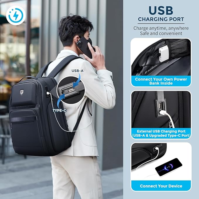 Travel Laptop Backpack for Men, Expandable Water Resistant 15.6 Inch Computer Backpack with USB Port, Mens Hardshell Laptop Bag for Business/Work/College, Black