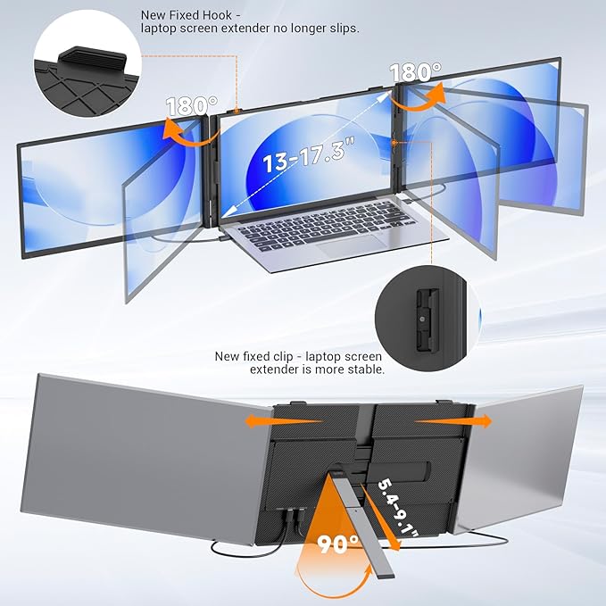 2025 Laptop Screen Extender 0.17" Ultra-Thin, 14" 1080P FHD IPS Portable Monitor, Triple Screen Laptop Monitor Extender for 13"-17" Laptops, Plug & Play for Mac/Android/Chrome