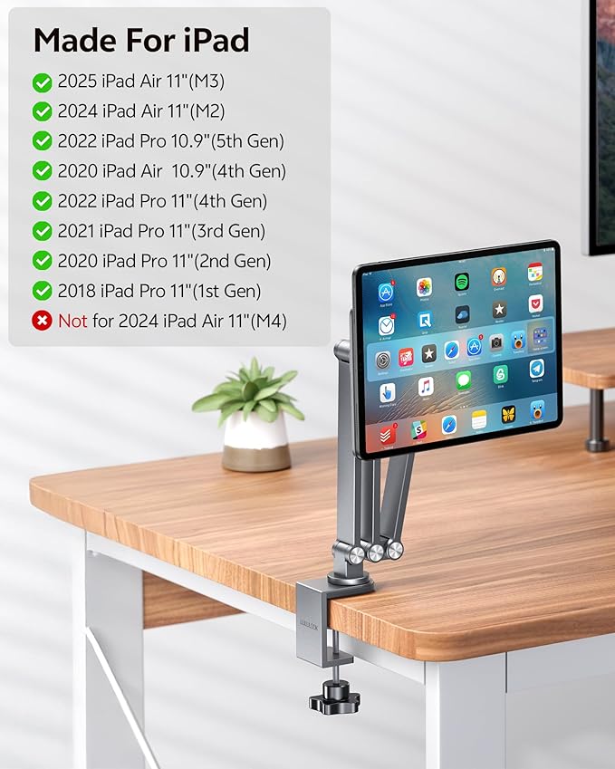 [Upgrade] Magnetic Wireless Charging Stand for iPad Pro 11" Gen1-4 / Air 11" M3/M2 / Air 10.9" Gen4-5, Rock Steady iPad Stand for Desk with Foldable Aluminum Arm, Adjustable Tablet Mount with 2M Cable