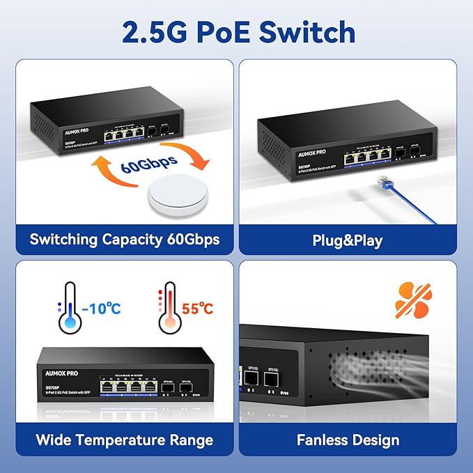 6 Port 2.5G PoE Switch,AUMOX PRO 4 Port 2.5G Network Unmanaged Switch with 2x10G SFP Gigabit Ethernet Unmanaged PoE Switch 75W,Compatible with 100/1000/2500Mbps Plug and Play