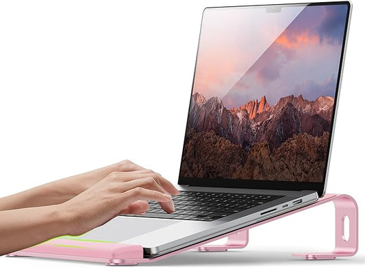 Aluminum Laptop Stand, Notebook Stand with Wrist Rest, Ergonomic Detachable Laptop Mount, Computer Stand Compatible with 10-17'' All Laptops Such as MacBook Air Pro/HP/Dell/Lenovo, Pink