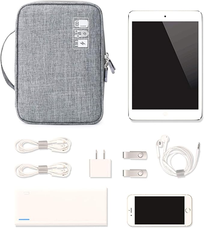 MIRLEWAIY Portable Electronics Accessories Organizer Bag Travel Charger Cable Storage Soft Case Double Layer for Hard Drives, Cord, USB, SD Cards Carrying, Grey