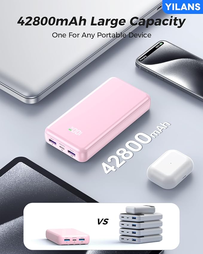Portable Charger, 42800mAh Power Bank Built-in Cable, 22.5W PD USB C In & Out Fast Charging, External Battery Pack with 6 Output & 2 Input, Travel Phone Charger for iPhone 16/15/14/13/12 (Pink)