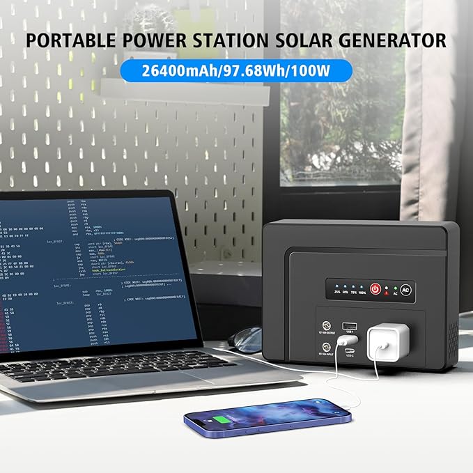Powkey Portable Power Station with Solar Panel,100W/97Wh Small Portable Generator with Solar Panel 30W,Fast Charging Power Bank with AC Outlet/PD65W USB C/USB QC 3.0/DC for Outdoor Camping Home Backup
